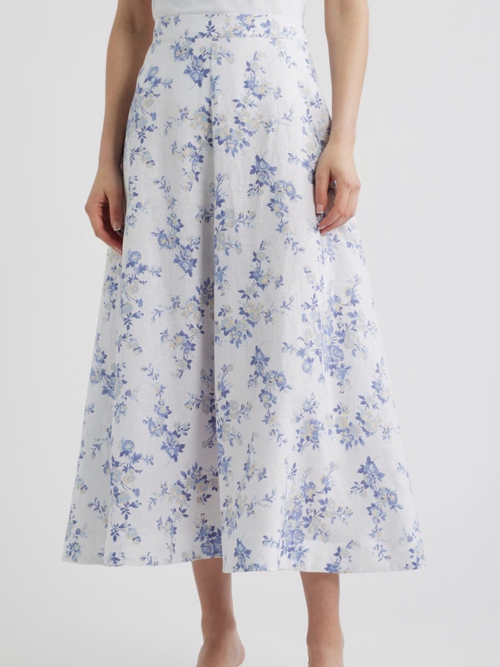 Reformation White Midi Skirt with Light Blue Floral Print